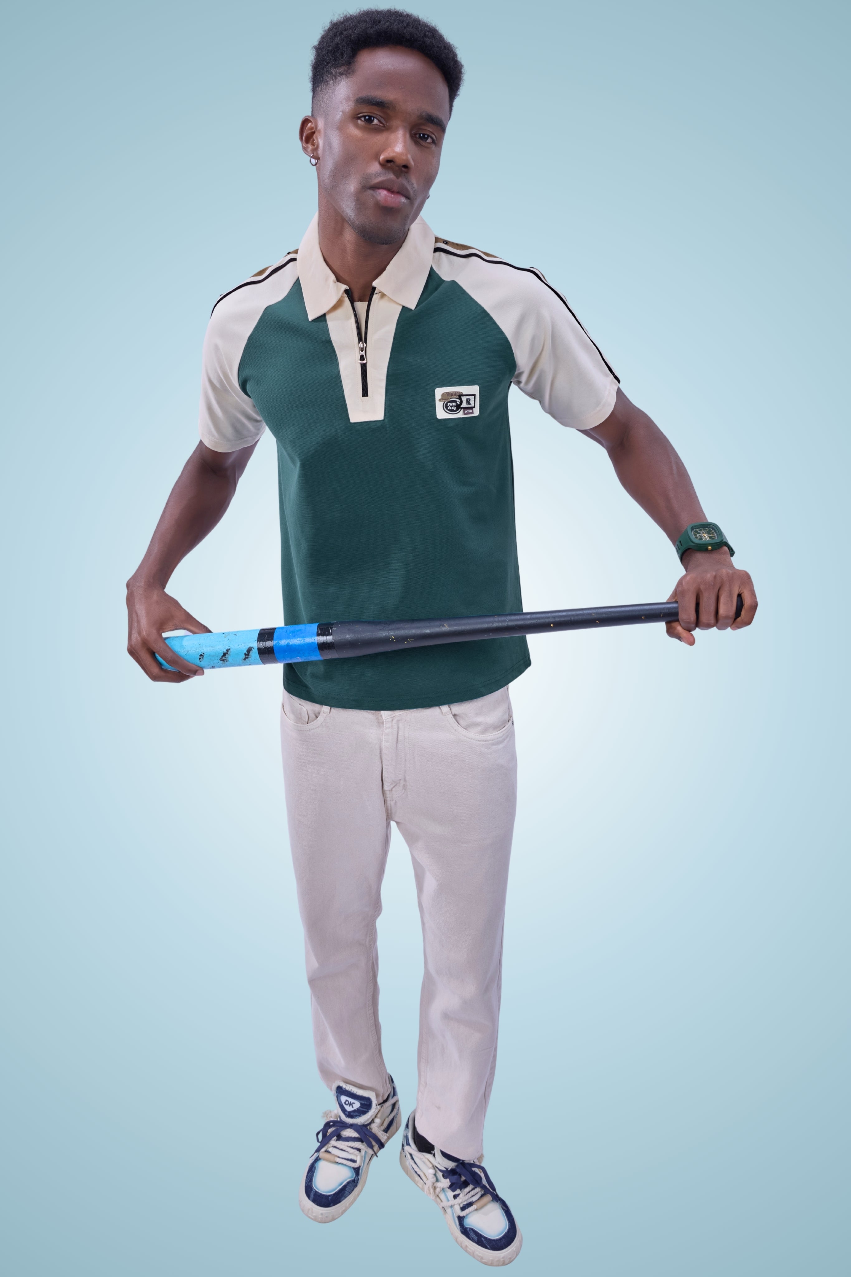 Auraa Meridian Raglan - Retro Stripes Oversized Zip Polo (Green)