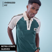 Auraa Meridian Raglan - Retro Stripes Oversized Zip Polo (Green)