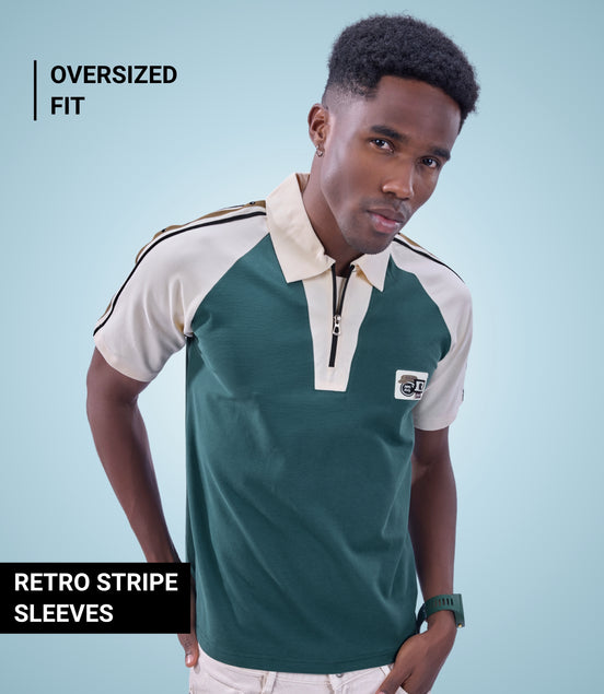 Auraa Meridian Raglan - Retro Stripes Oversized Zip Polo (Green)