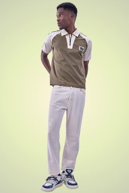 Auraa Meridian Raglan - Retro Stripes Oversized Zip Polo (Brown)