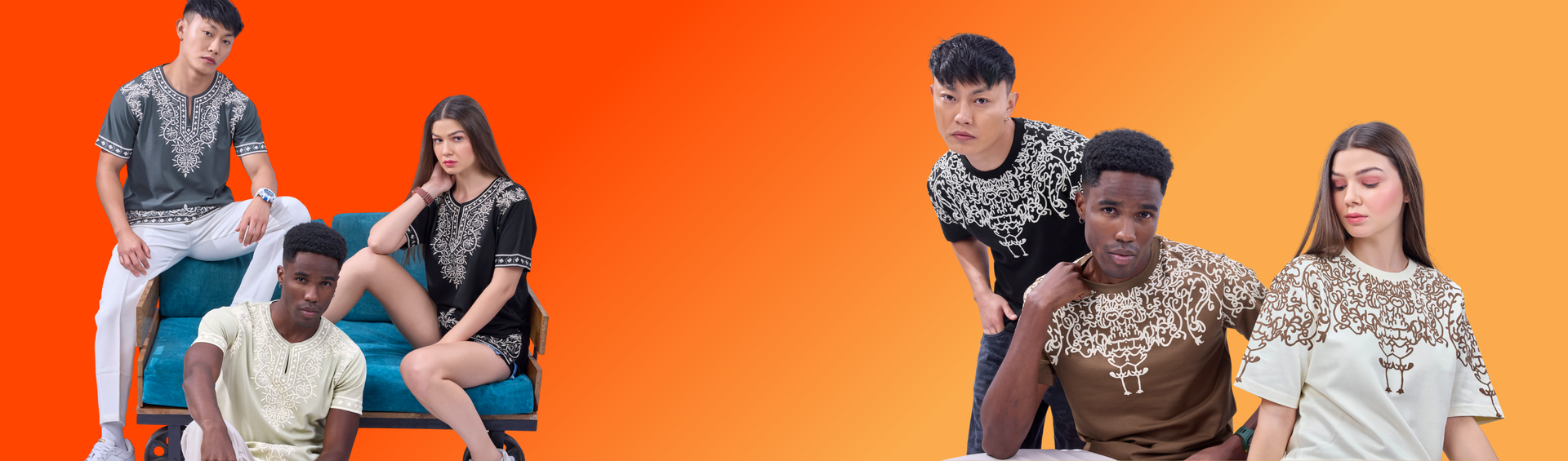 Two sets of people sitting on a couch with an orange background wearing various different ethnic design t-shirts.