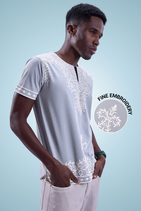Auraa Woven Legacy - Ethnic Fusion Embroidered Notch Neck T-Shirt (Silver)