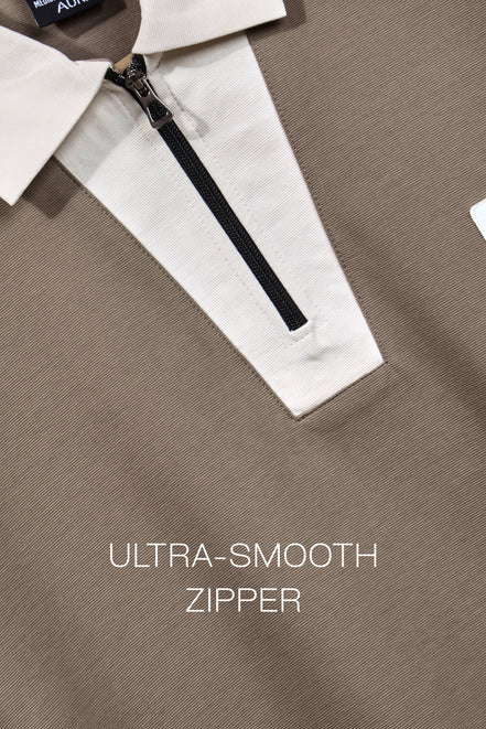 Auraa Meridian Raglan - Retro Stripes Oversized Zip Polo (Brown)