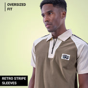 Auraa Meridian Raglan - Retro Stripes Oversized Zip Polo (Brown)