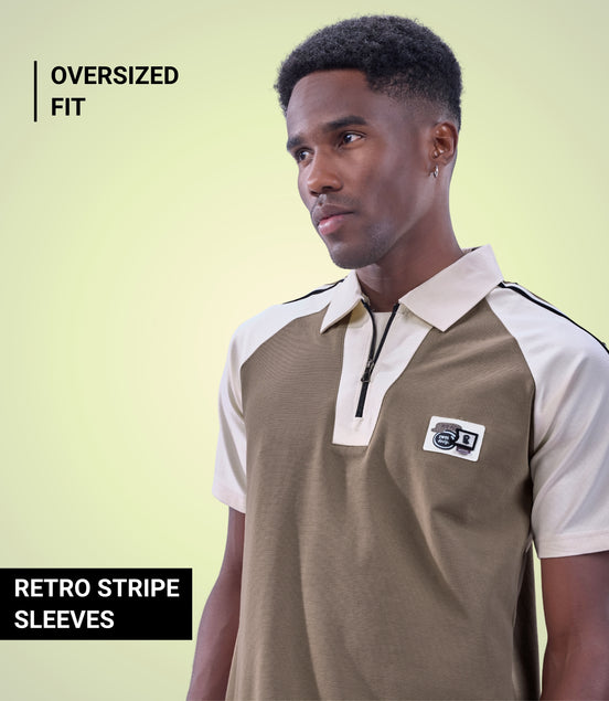 Auraa Meridian Raglan - Retro Stripes Oversized Zip Polo (Brown)