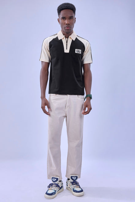 Auraa Meridian Raglan - Retro Stripes Oversized Zip Polo (Black)