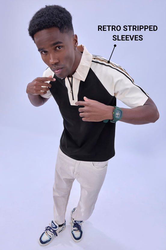 Auraa Meridian Raglan - Retro Stripes Oversized Zip Polo (Black)