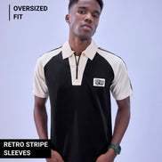 Auraa Meridian Raglan - Retro Stripes Oversized Zip Polo (Black)