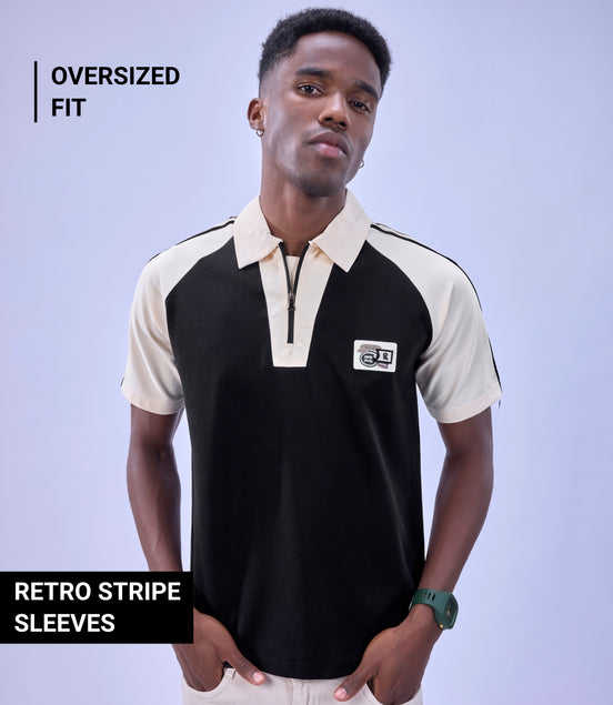 Auraa Meridian Raglan - Retro Stripes Oversized Zip Polo (Black)