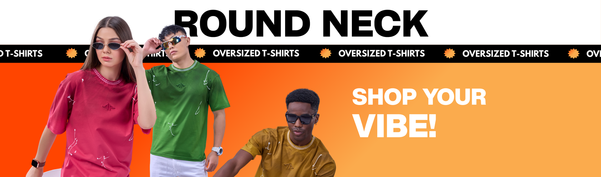 Desktop collection banner for Oversized Round Neck t-shirts with three people wearing oversized t-shirts on an orange background