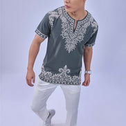 Auraa Woven Legacy - Ethnic Fusion Embroidered Notch Neck T-Shirt (Gray)