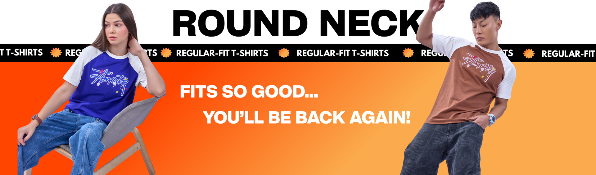 Desktop collection banner for Regular Fit Round Neck T-Shirts with two people wearing t-shirts on an orange background.