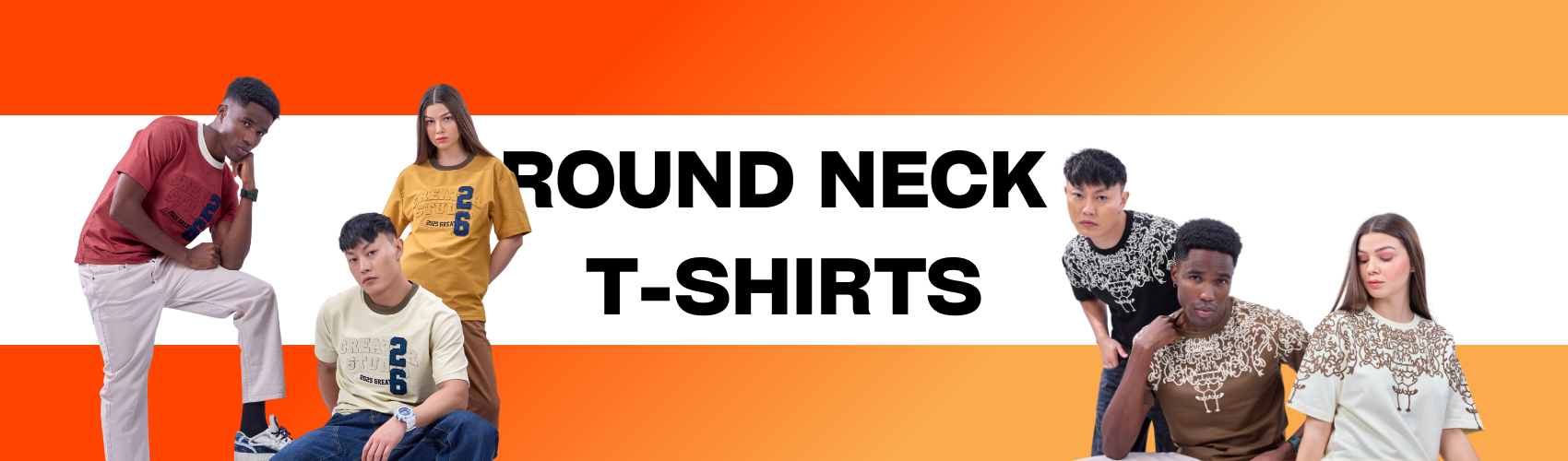 Desktop collection banner for round neck t-shirts with models wearing various round neck t-shirt designs against an orange and white background.