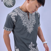 Auraa Woven Legacy - Ethnic Fusion Embroidered Notch Neck T-Shirt (Gray)