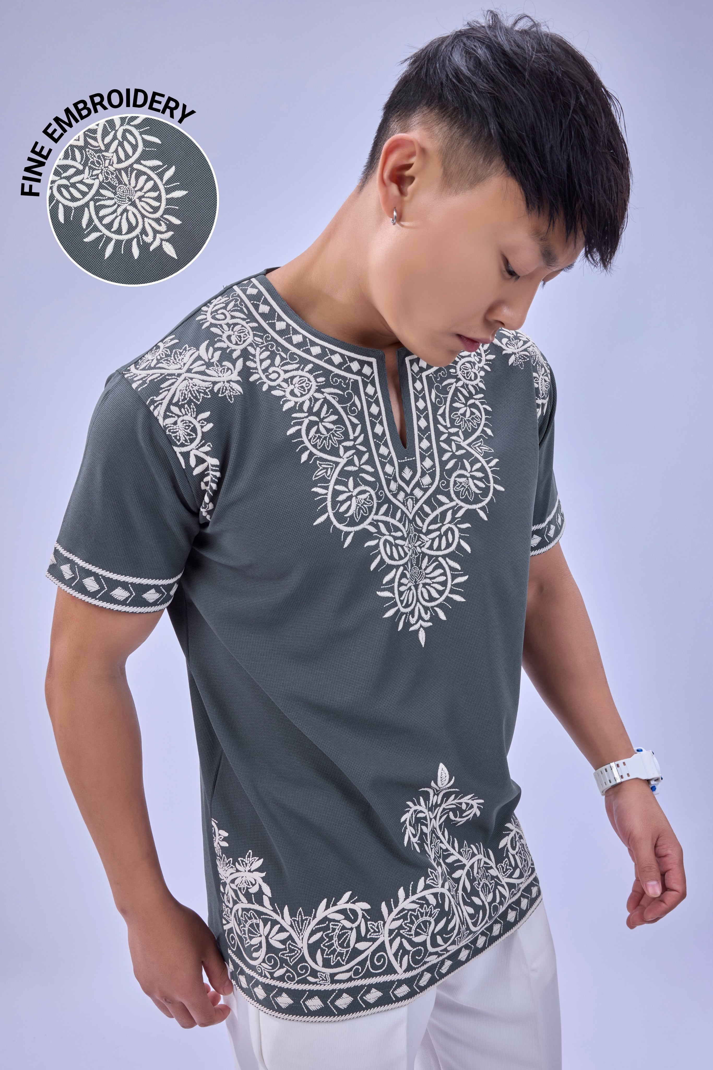 Auraa Woven Legacy - Ethnic Fusion Embroidered Notch Neck T-Shirt (Gray)