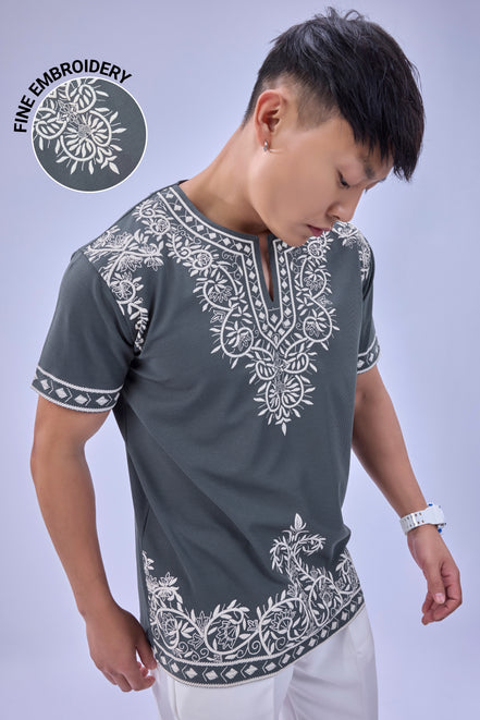 Auraa Woven Legacy - Ethnic Fusion Embroidered Notch Neck T-Shirt (Gray)