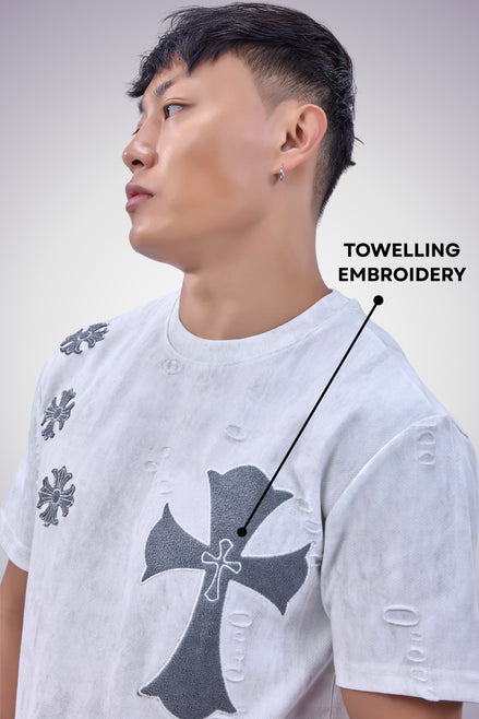 Auraa Gothic Cult Cross - Towelling Patch Oversized T-Shirt (White)