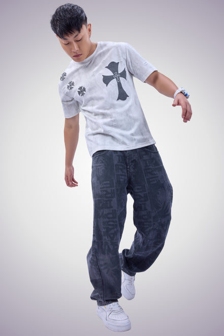 Auraa Gothic Cult Cross - Towelling Patch Oversized T-Shirt (White)