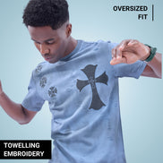 Auraa Gothic Cult Cross - Towelling Patch Oversized T-Shirt (Blue)