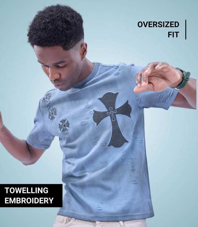 Auraa Gothic Cult Cross - Towelling Patch Oversized T-Shirt (Blue)