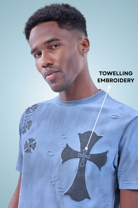 Auraa Gothic Cult Cross - Towelling Patch Oversized T-Shirt (Blue)