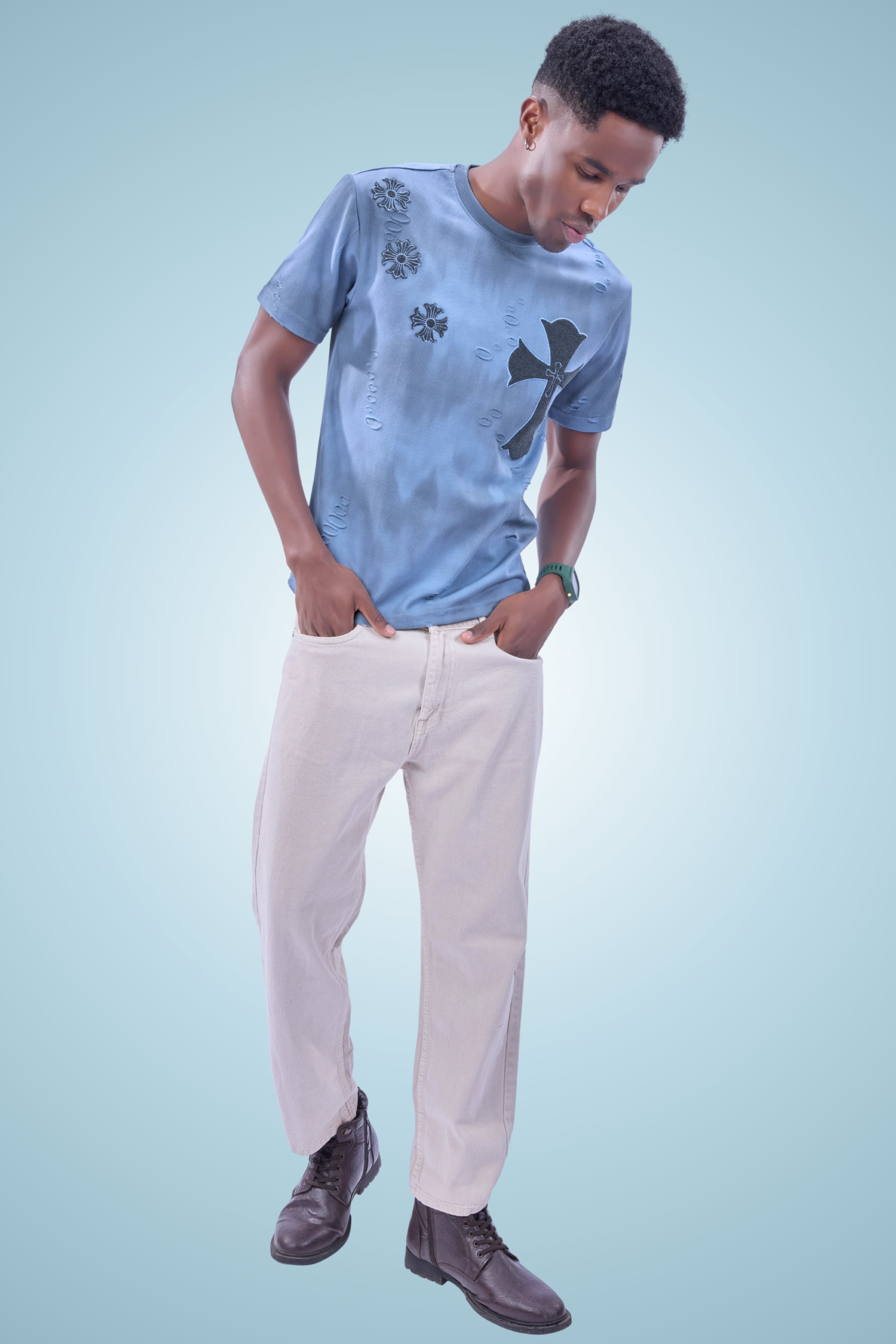 Auraa Gothic Cult Cross - Towelling Patch Oversized T-Shirt (Blue)