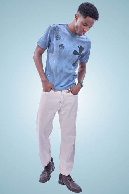 Auraa Gothic Cult Cross - Towelling Patch Oversized T-Shirt (Blue)