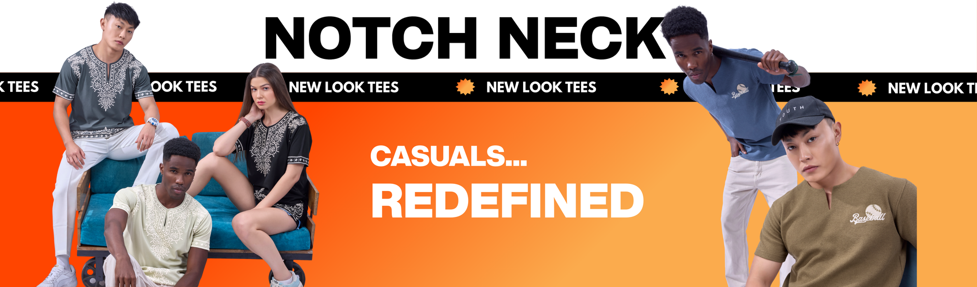 Desktop collection banner for 'Notch Neck' clothing with two sets of five people wearing different notch neck t-shirts on an orange background.