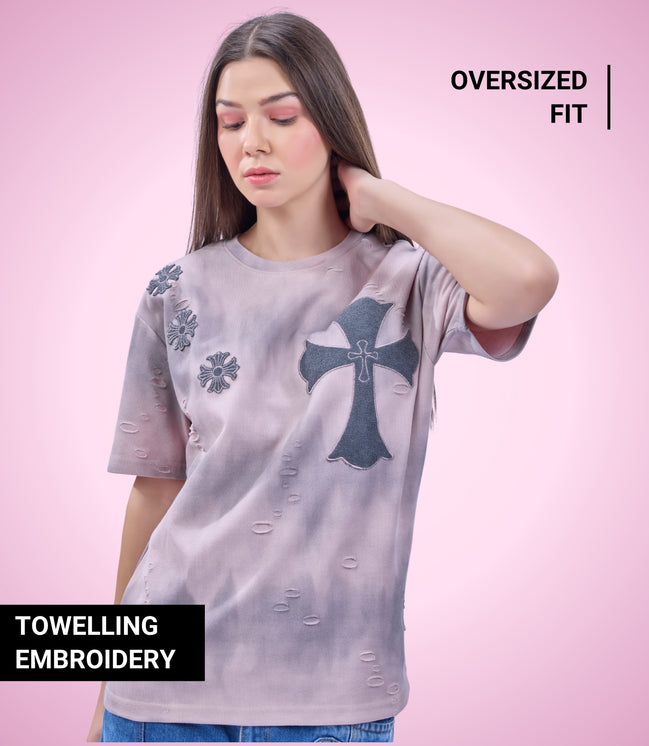 Auraa Gothic Cult Cross - Towelling Patch Oversized T-Shirt (Pink)