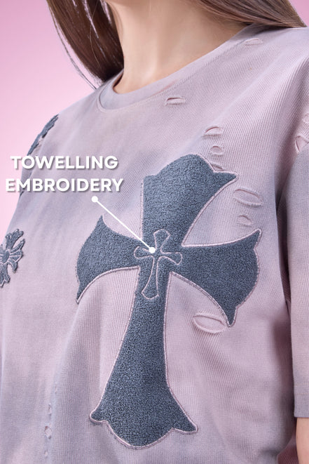Auraa Gothic Cult Cross - Towelling Patch Oversized T-Shirt (Pink)