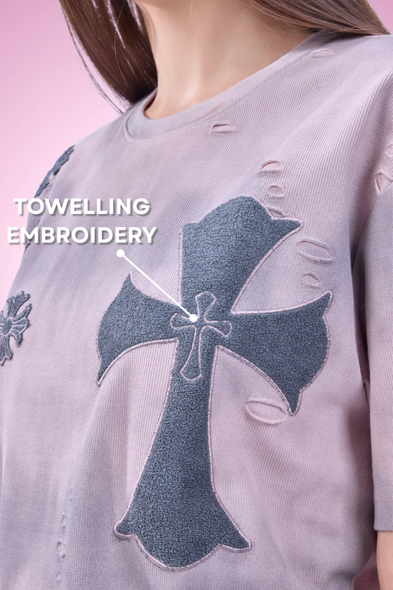 Auraa Gothic Cult Cross - Towelling Patch Oversized T-Shirt (Pink)