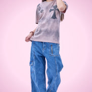 Auraa Gothic Cult Cross - Towelling Patch Oversized T-Shirt (Pink)