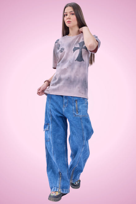 Auraa Gothic Cult Cross - Towelling Patch Oversized T-Shirt (Pink)
