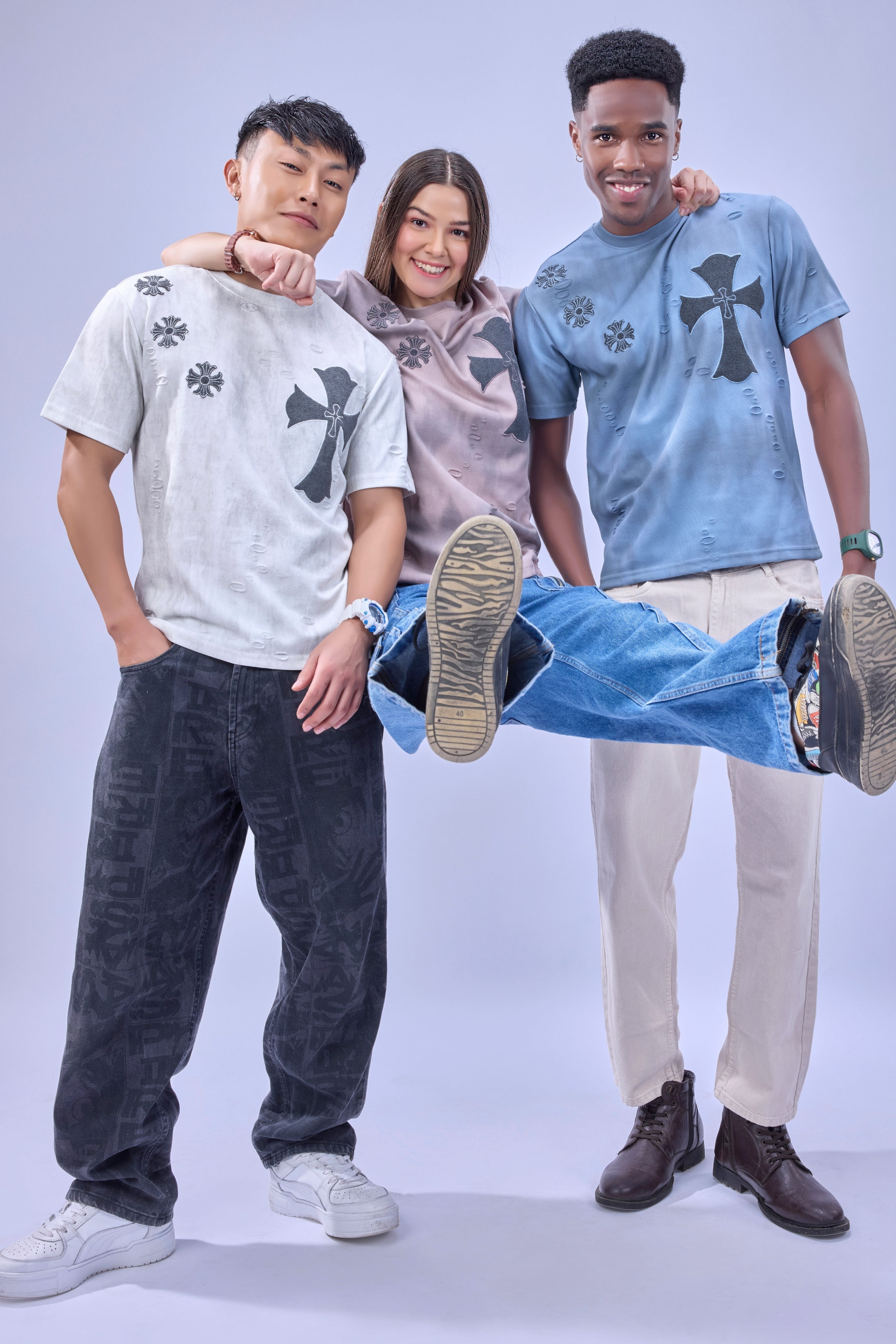 Auraa Gothic Cult Cross - Towelling Patch Oversized T-Shirt (White)