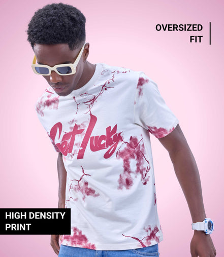 Auraa Get Lucky - High Density Printed Oversized Graphic T-Shirt (White)