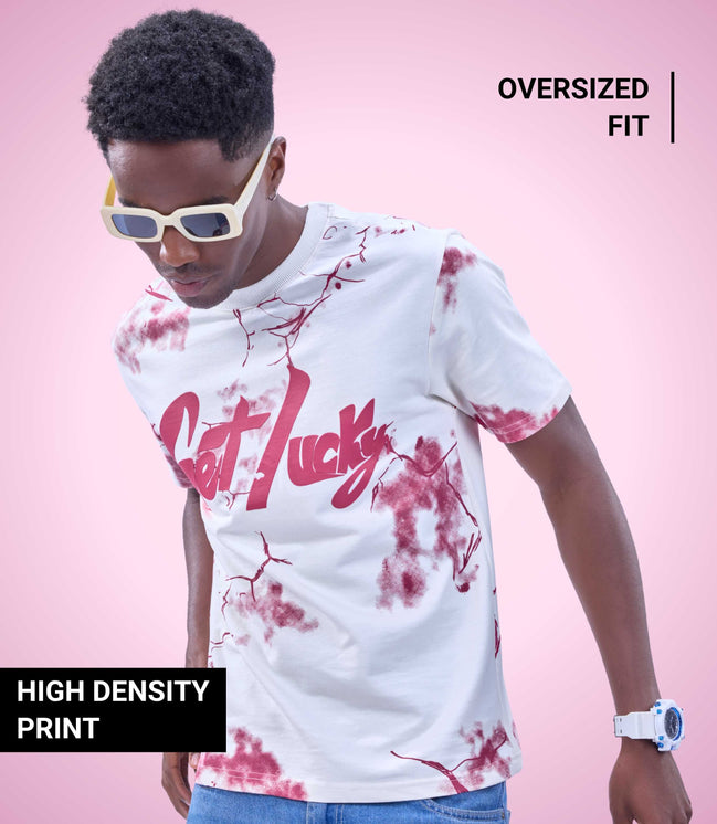 Auraa Get Lucky - High Density Printed Oversized Graphic T-Shirt (White)