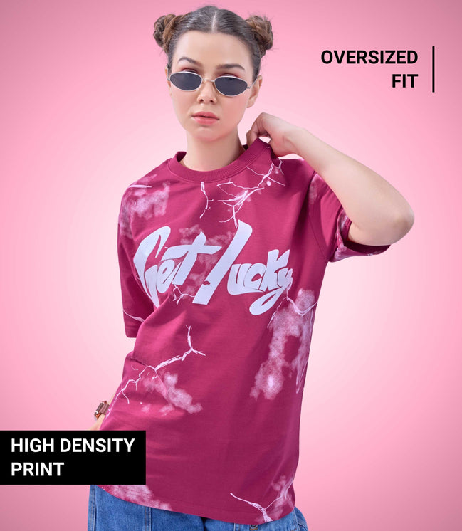Auraa Get Lucky - High Density Printed Oversized Graphic T-Shirt (Pink)