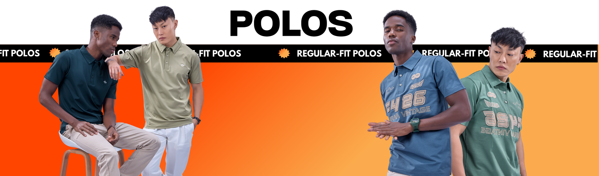 Four men wearing polos with a desktop collection banner for Regular-Fit Polos.