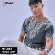Auraa Woven Legacy - Ethnic Fusion Embroidered Notch Neck T-Shirt (Gray)