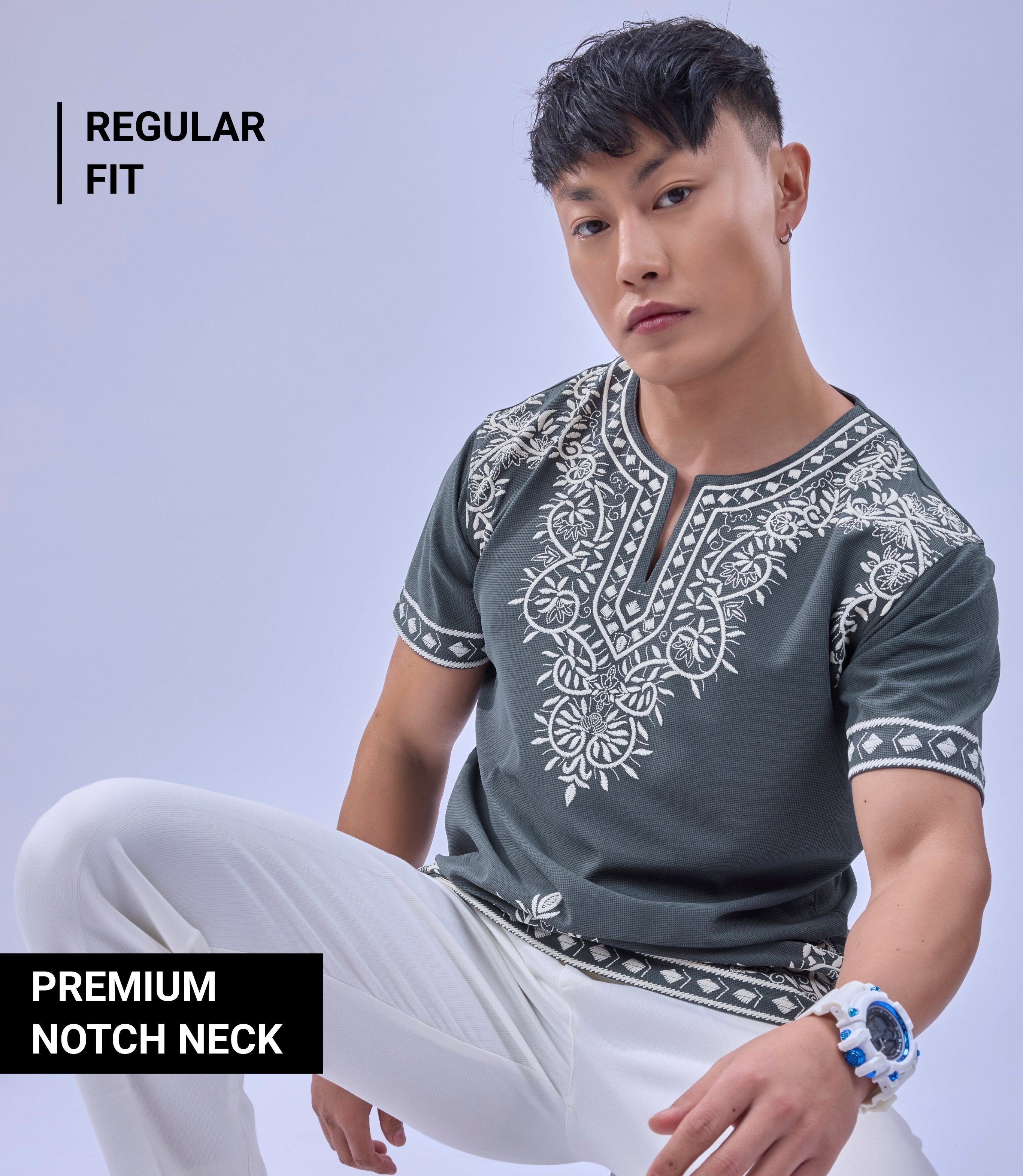 Auraa Woven Legacy - Ethnic Fusion Embroidered Notch Neck T-Shirt (Gray)