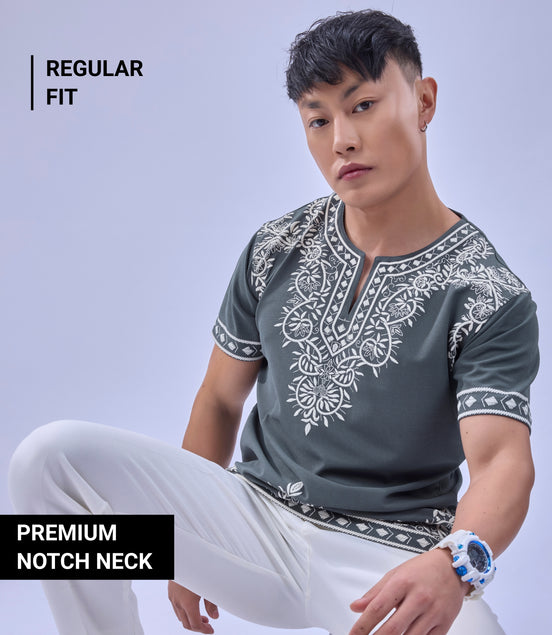 Auraa Woven Legacy - Ethnic Fusion Embroidered Notch Neck T-Shirt (Gray)