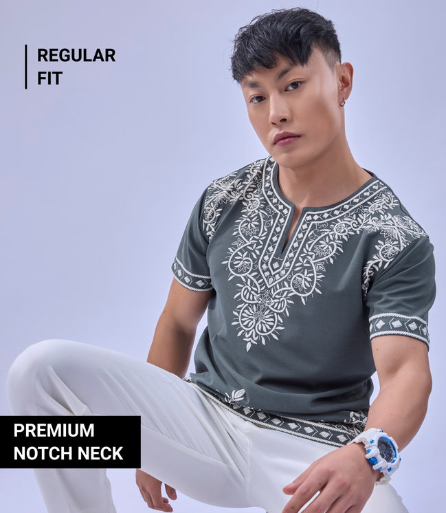 Auraa Woven Legacy - Ethnic Fusion Embroidered Notch Neck T-Shirt (Gray)