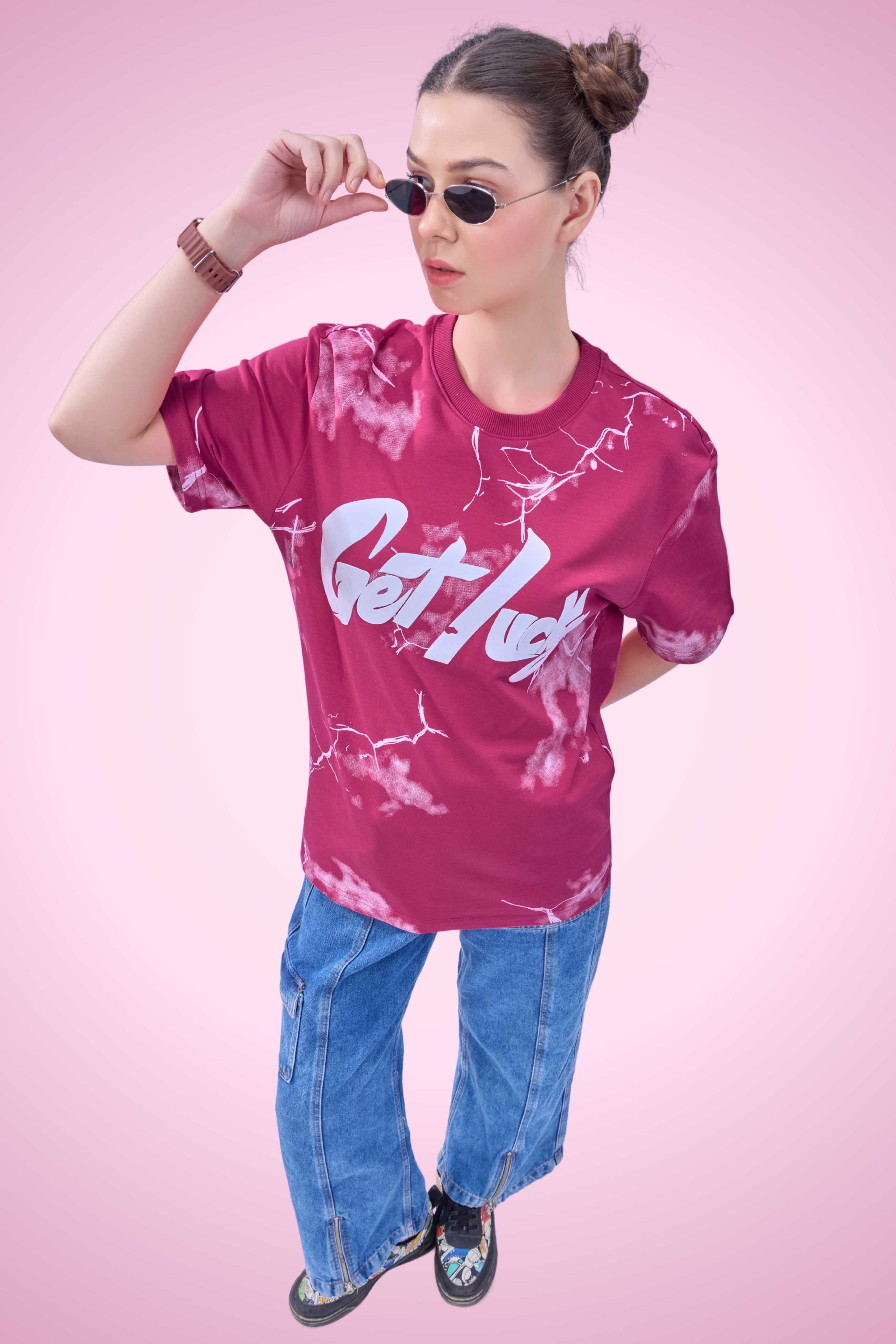 Auraa Get Lucky - High Density Printed Oversized Graphic T-Shirt (Pink)
