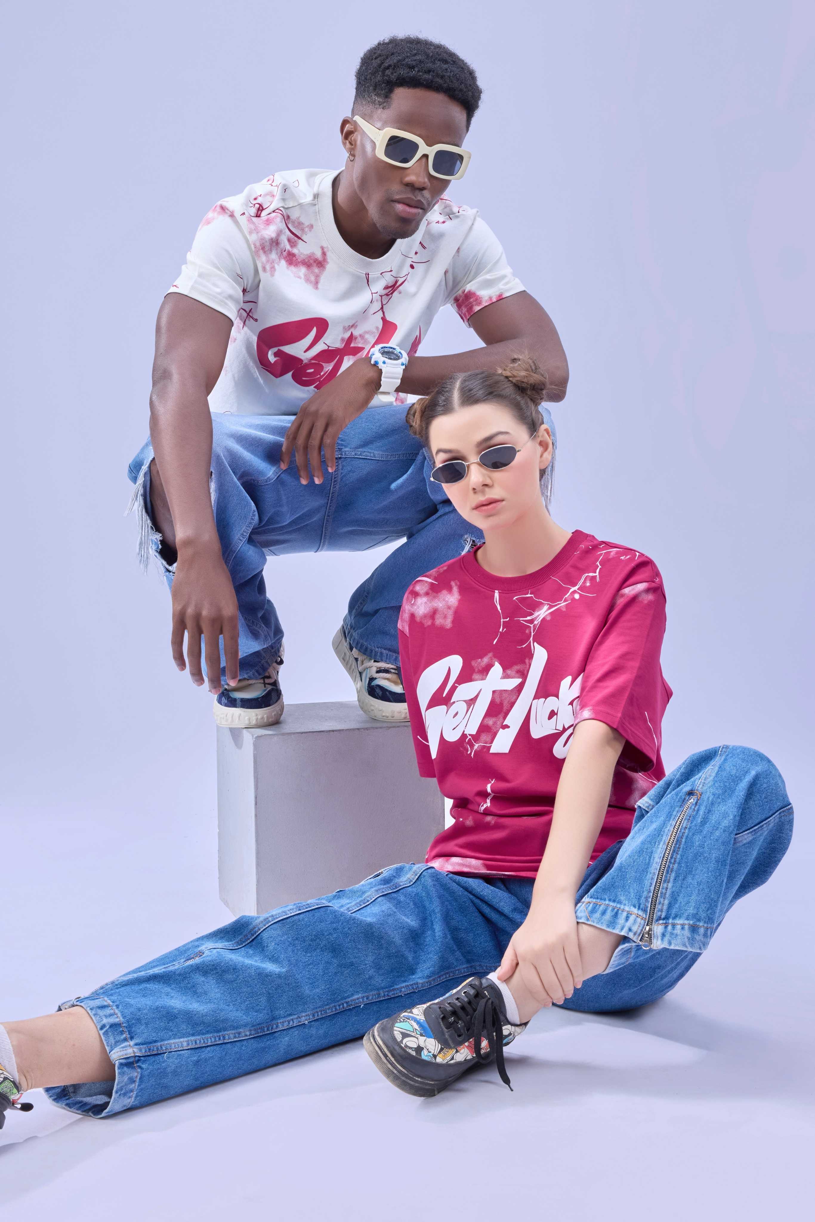 Auraa Get Lucky - High Density Printed Oversized Graphic T-Shirt (White)