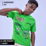 Auraa Crayon Archive - Doodle Art & U-Line Pocket Oversized Graphic T-Shirt (Green)