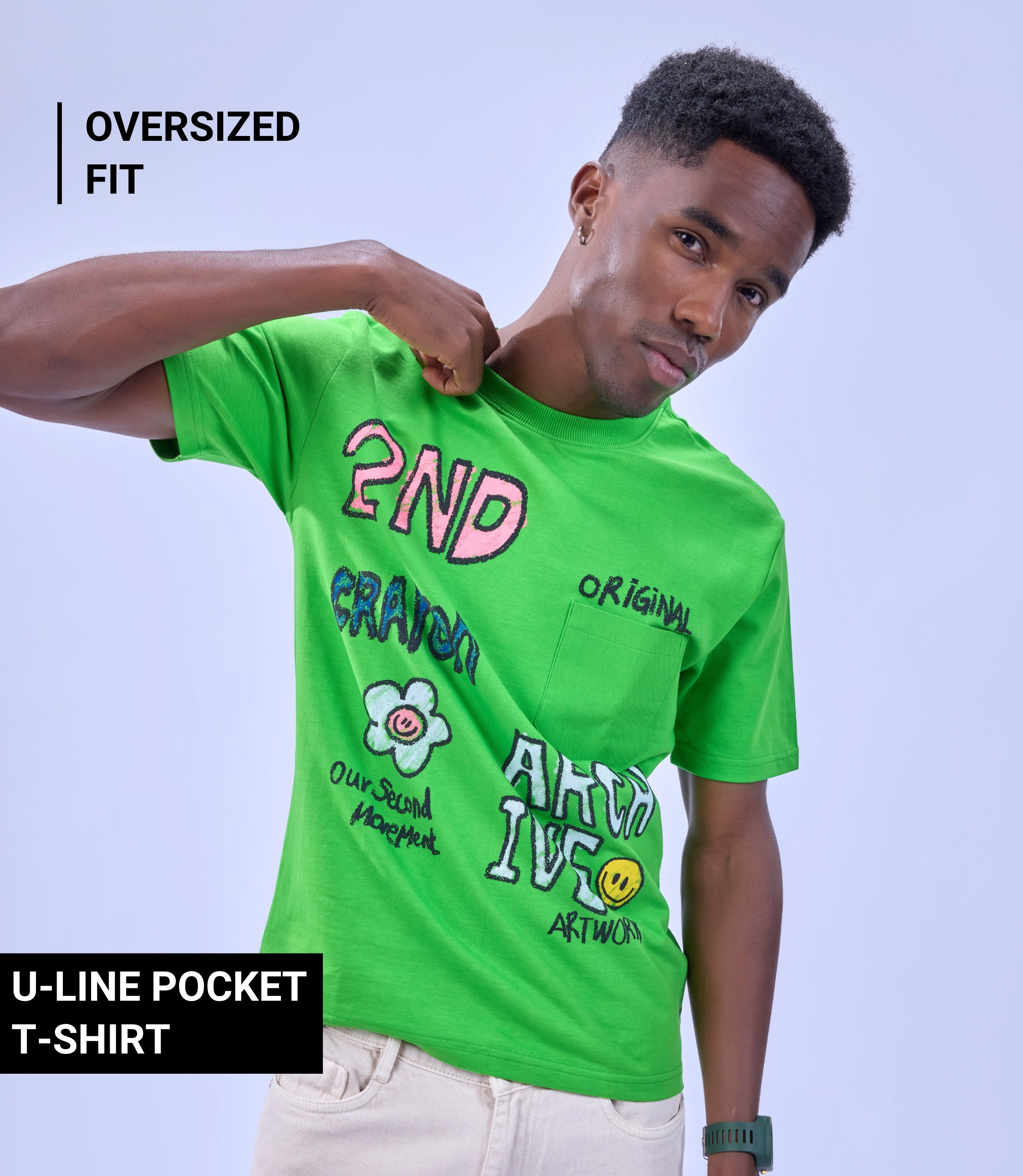 Auraa Crayon Archive - Doodle Art & U-Line Pocket Oversized Graphic T-Shirt (Green)