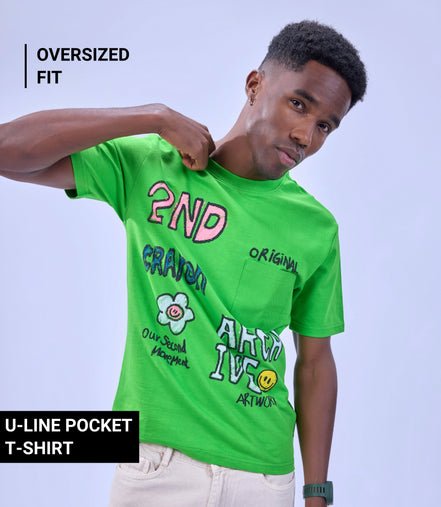 Auraa Crayon Archive - Doodle Art & U-Line Pocket Oversized Graphic T-Shirt (Green)