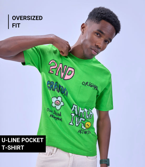 Auraa Crayon Archive - Doodle Art & U-Line Pocket Oversized Graphic T-Shirt (Green)