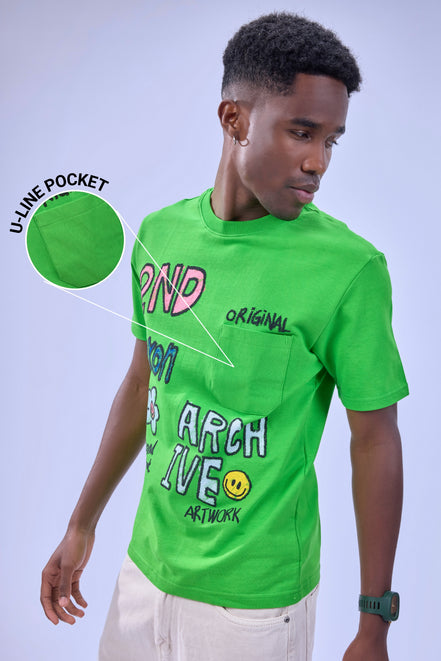 Auraa Crayon Archive - Doodle Art & U-Line Pocket Oversized Graphic T-Shirt (Green)