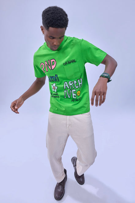 Auraa Crayon Archive - Doodle Art & U-Line Pocket Oversized Graphic T-Shirt (Green)